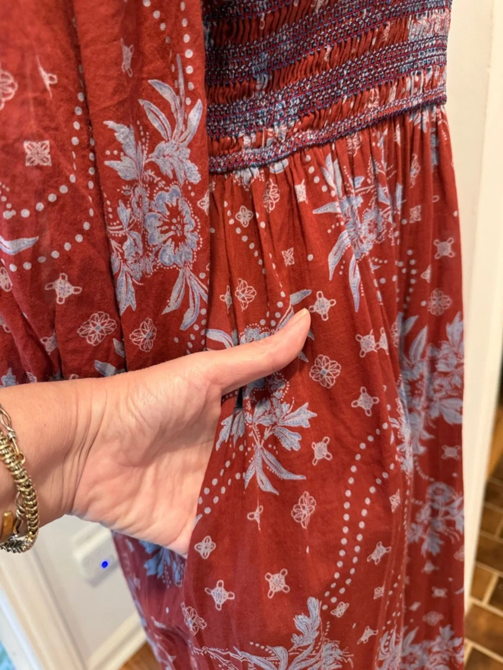 Free People Golden Hour Maxi Dress Floral Smocked Burgundy Blue Size Small - Picture 6 of 14